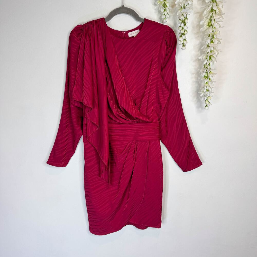 RONNY KOBO Shanaya retro puff sleeve satin mini dress faux wrap red